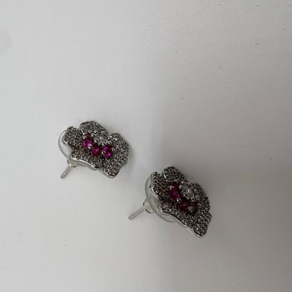 Sterling Silver Magenta Floral Stud Earrings - Rhodium Plated Cluster - Picture 5 of 7